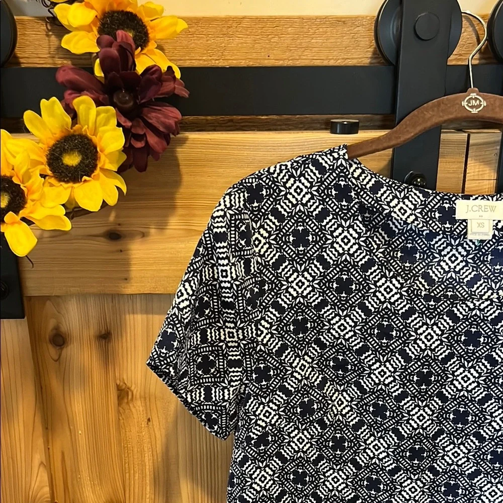 J. Crew Navy and White Geometric Blouse